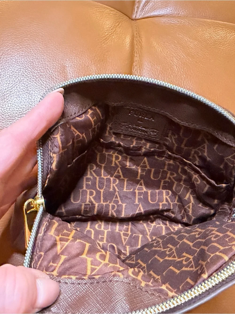 ✈️FURLA for Saudia Airlines Brown  Saffiano Leather Pouch w/ Gold Accents